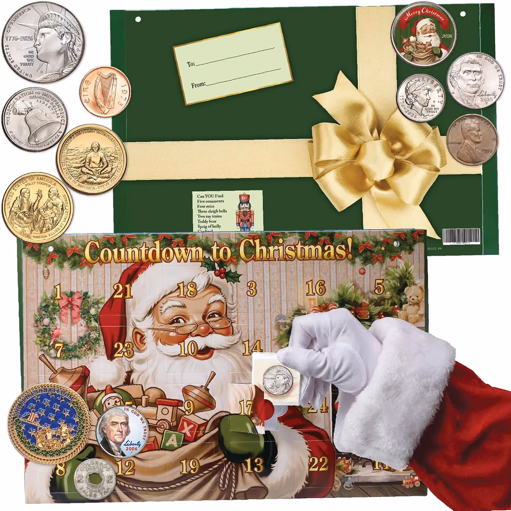 Both sides of the calendar with a fan of world coins and Santa's gloved hand