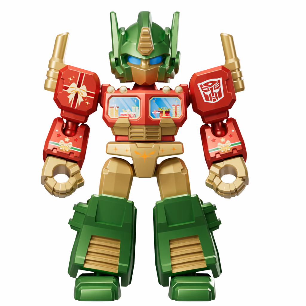 The Christmas Optimus Prime in red, green and gold, standing