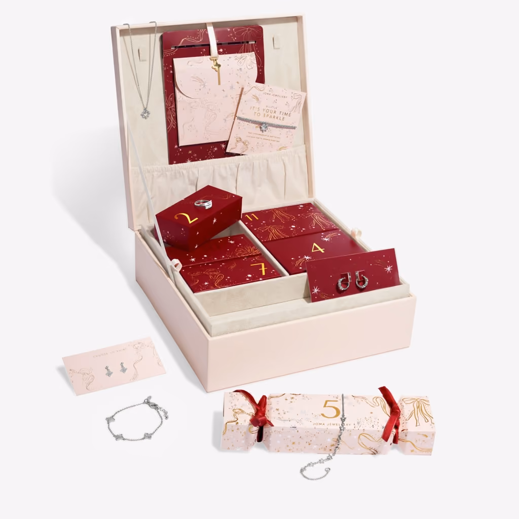 The open box with a necklace, bracelets and earrings unwrapped in front of it