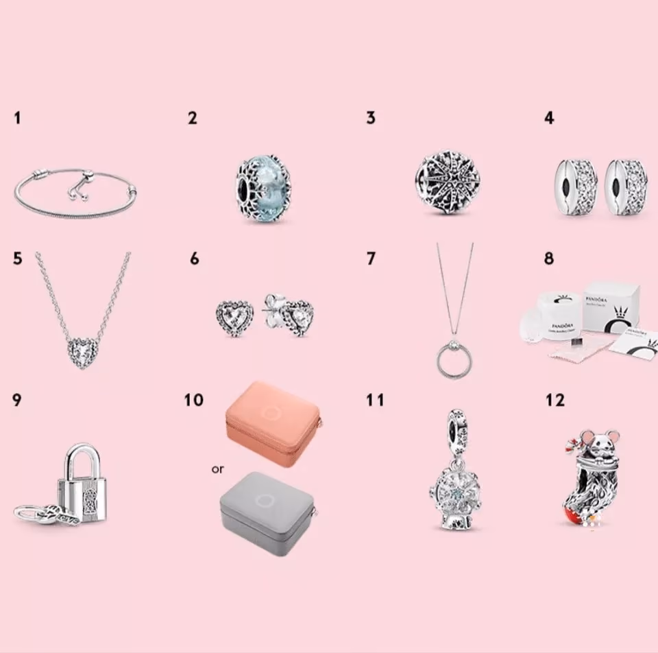 Pandora 12 Jewellery Surprise 2023 advent calendar contents, photograph 1 of 2