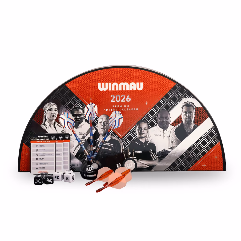 The Winmau Premium box open with darts, flights and accessories in front of it