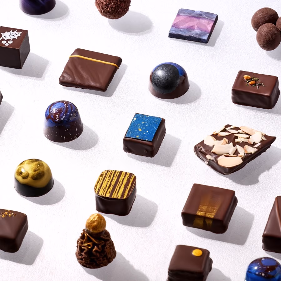 Confections from the 2026 calendar laid out on a white ground