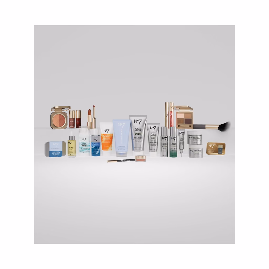 The products from the calendar lined up on grey