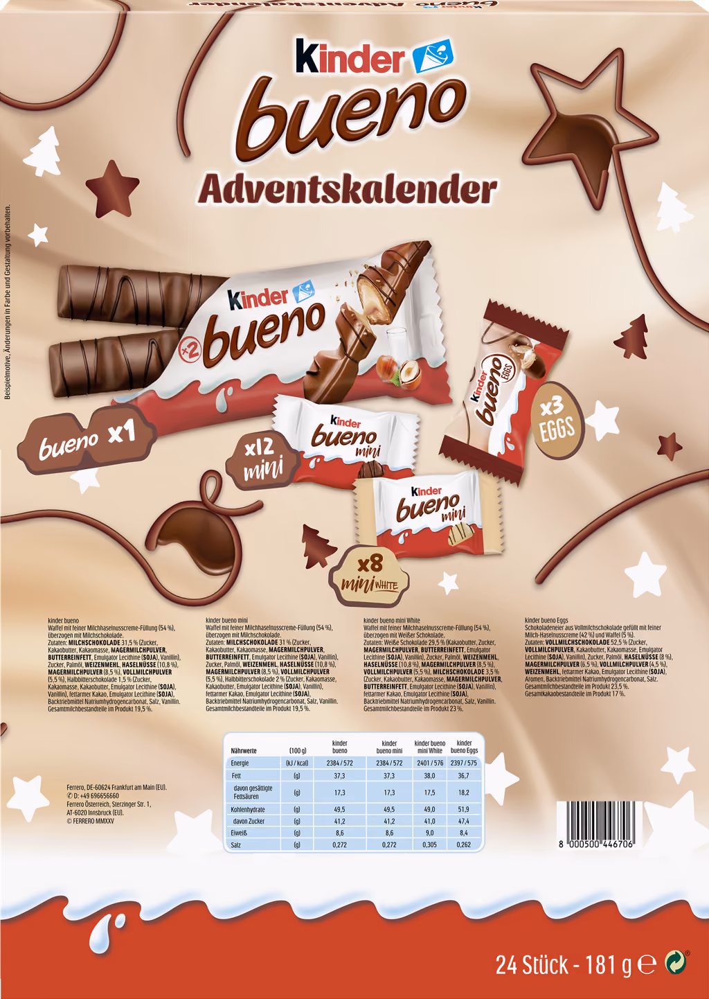 Kinder Bueno Adventskalender 2025 with the contents
