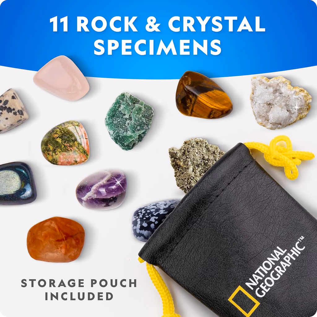 The 11 rock and crystal specimens from the National Geographic Mega Science calendar with their pouch