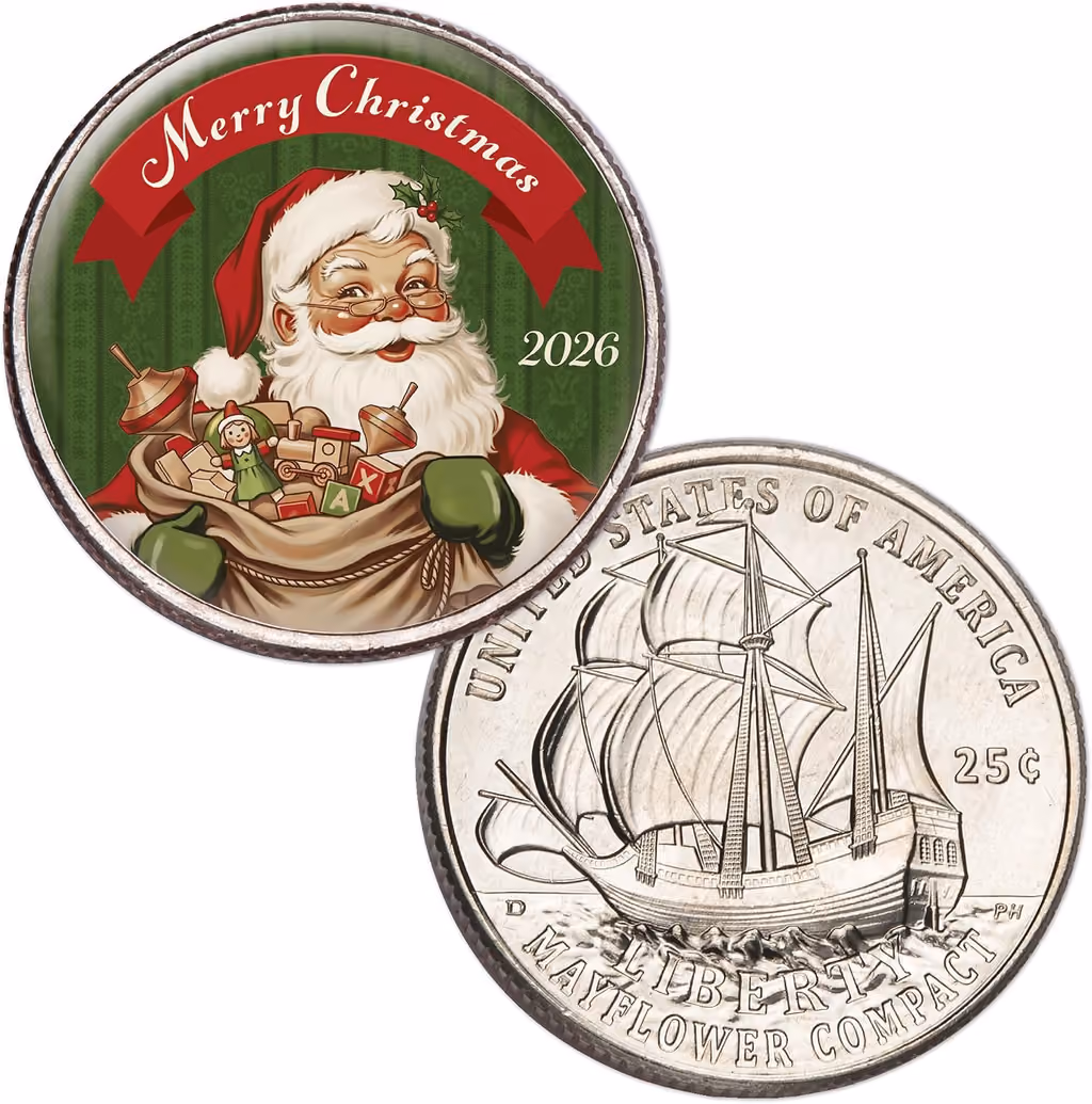 The colorized Santa quarter dated 2026 next to the Mayflower Compact reverse