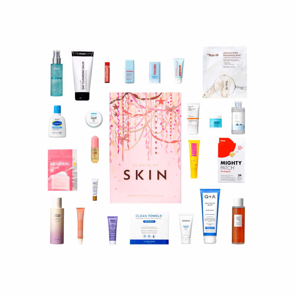 The 24 products laid out around the box