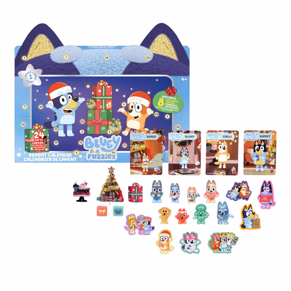 The Bluey Fuzzies calendar open, with the eight flocked figures, the four foil cards and the accessories laid out in front of it