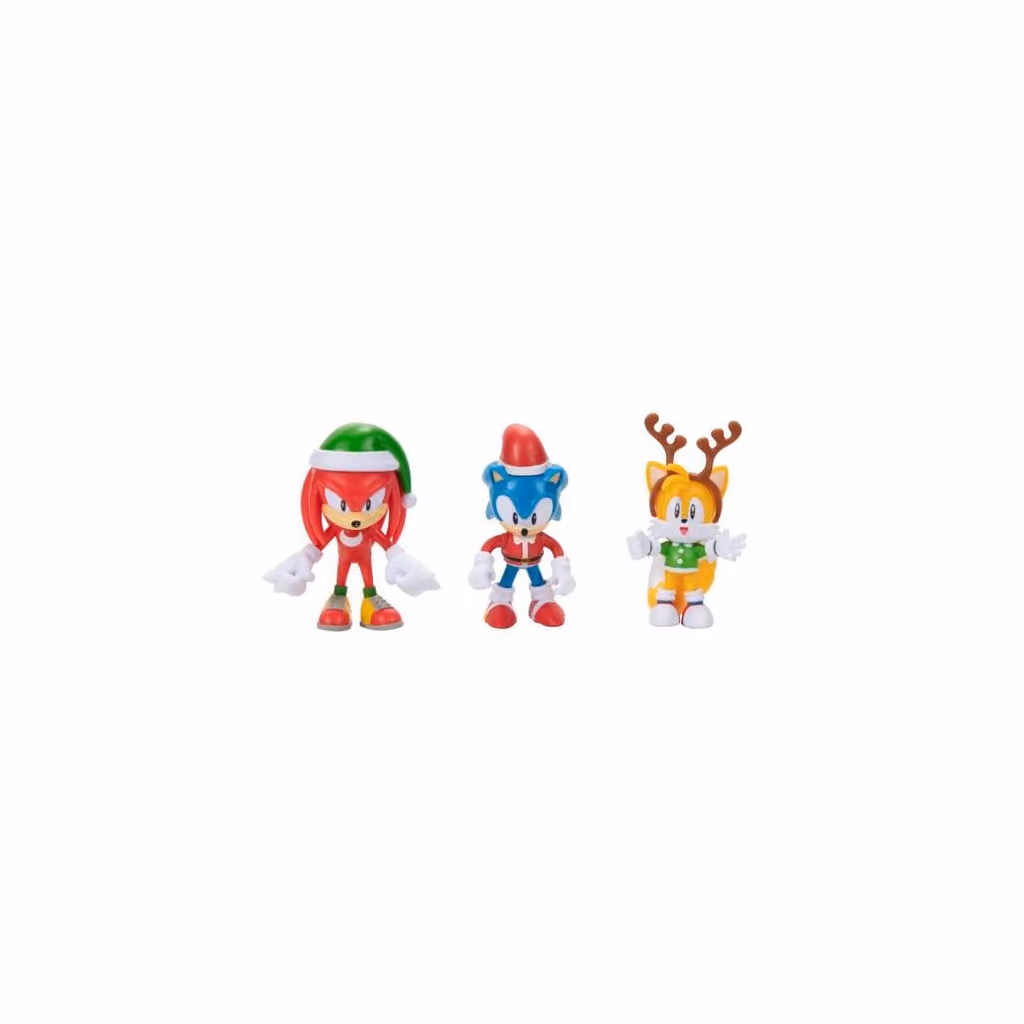 The three holiday figures: Knuckles in a Santa hat, Santa Sonic and Reindeer Tails