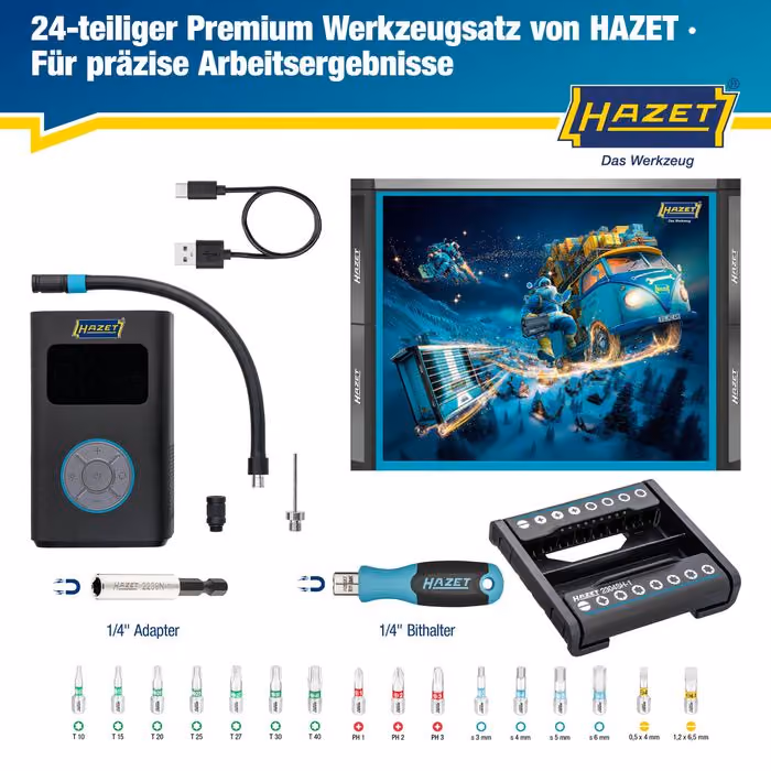 Hazet's contents panel: the air compressor, charging cable, adapters, bit handle, SmartHolder and 16 bits beside the box