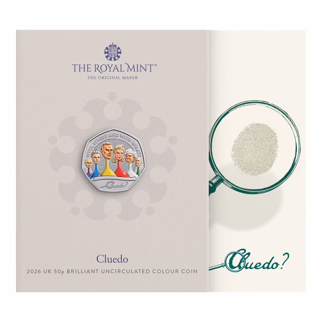 The Cluedo 2026 UK 50p colour coin in its pack