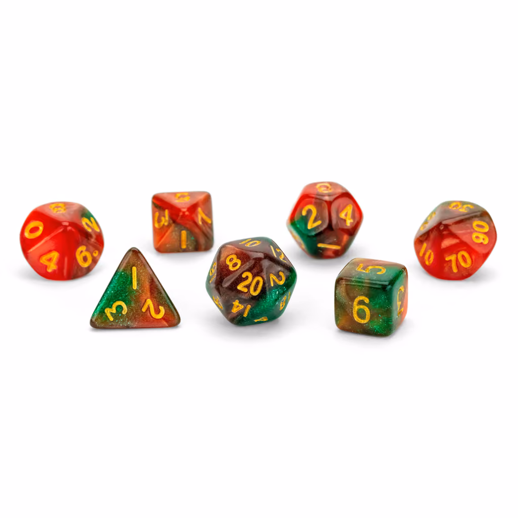 A set of red and green mini dice from the calendar