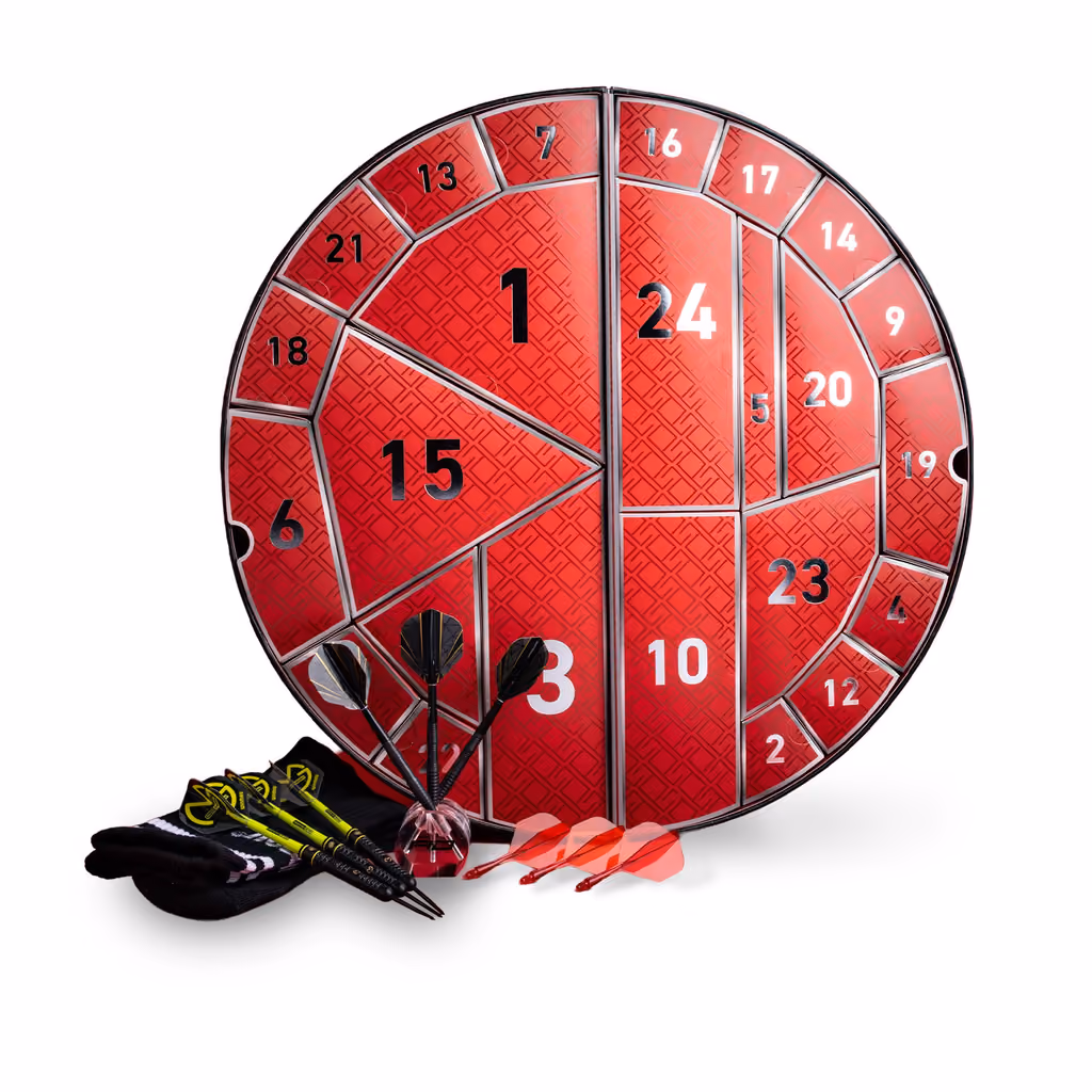 The red dartboard-style calendar with its 24 numbered doors