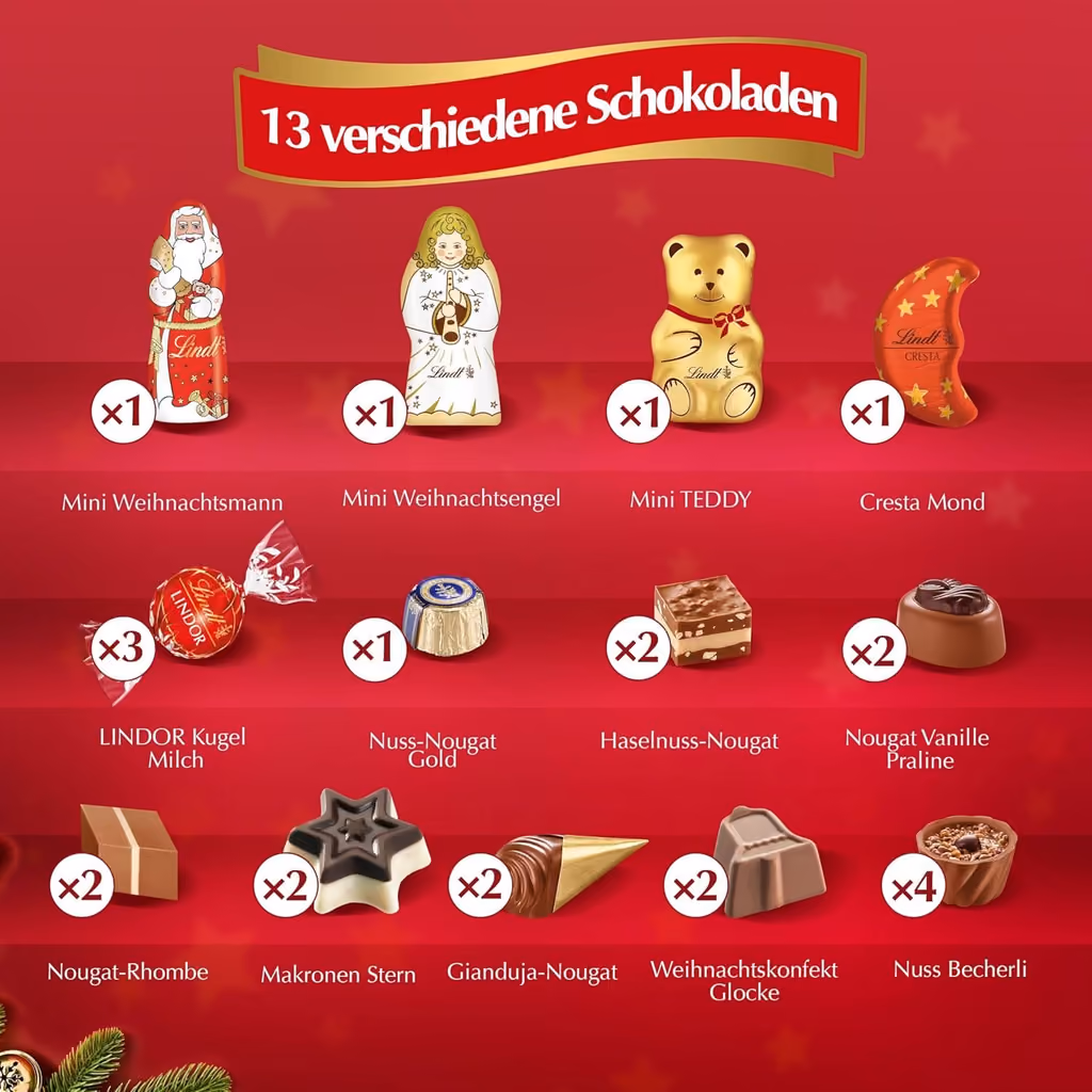 Lindt Chocolate Christmas advent calendar contents, photograph 1 of 1