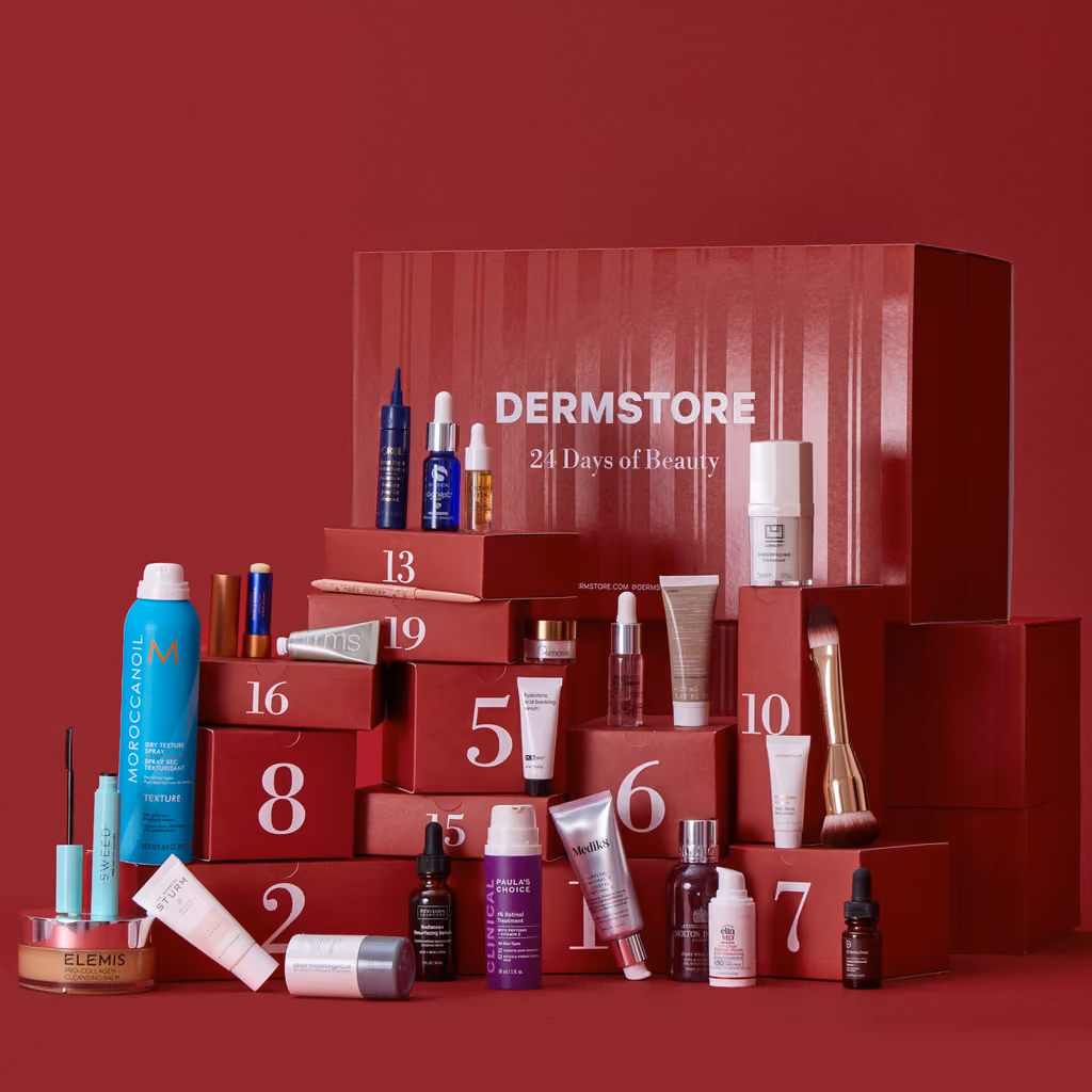 The open box on a red ground with the products arranged on the steps of drawers