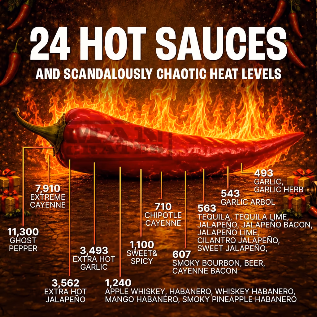 Heat chart naming all 24 sauces with their Scoville ratings