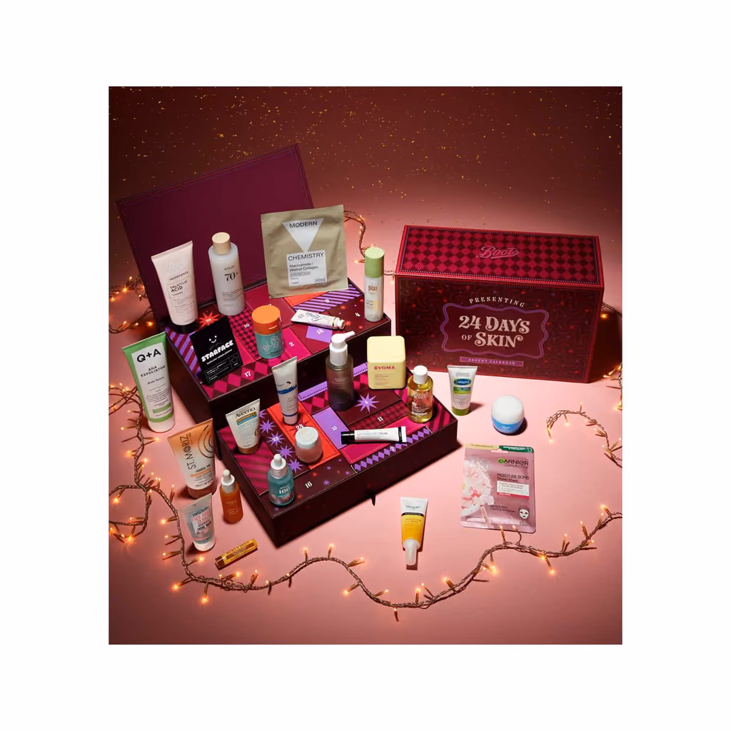 The 24 Days of Skin box open with the 24 products in front