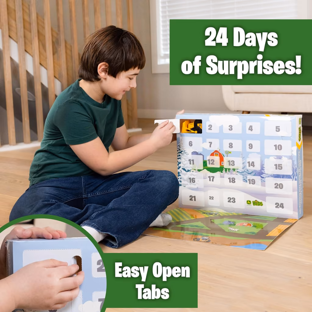 A child opening a numbered tab on the calendar beside the play mat
