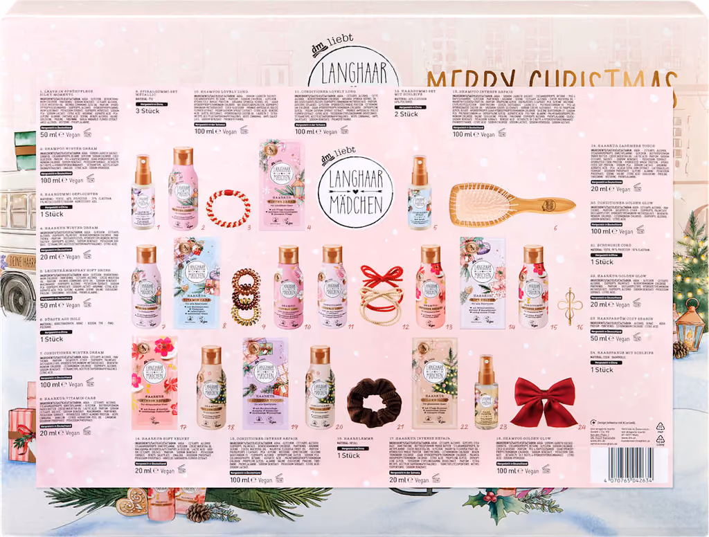 The back of the box with the 24 bottles, brushes and hair ties photographed and numbered