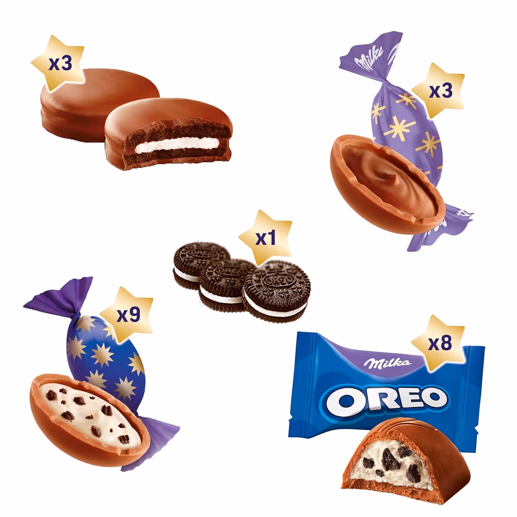 The count card on the back of the Milka & OREO calendar: five kinds of piece with the number of each