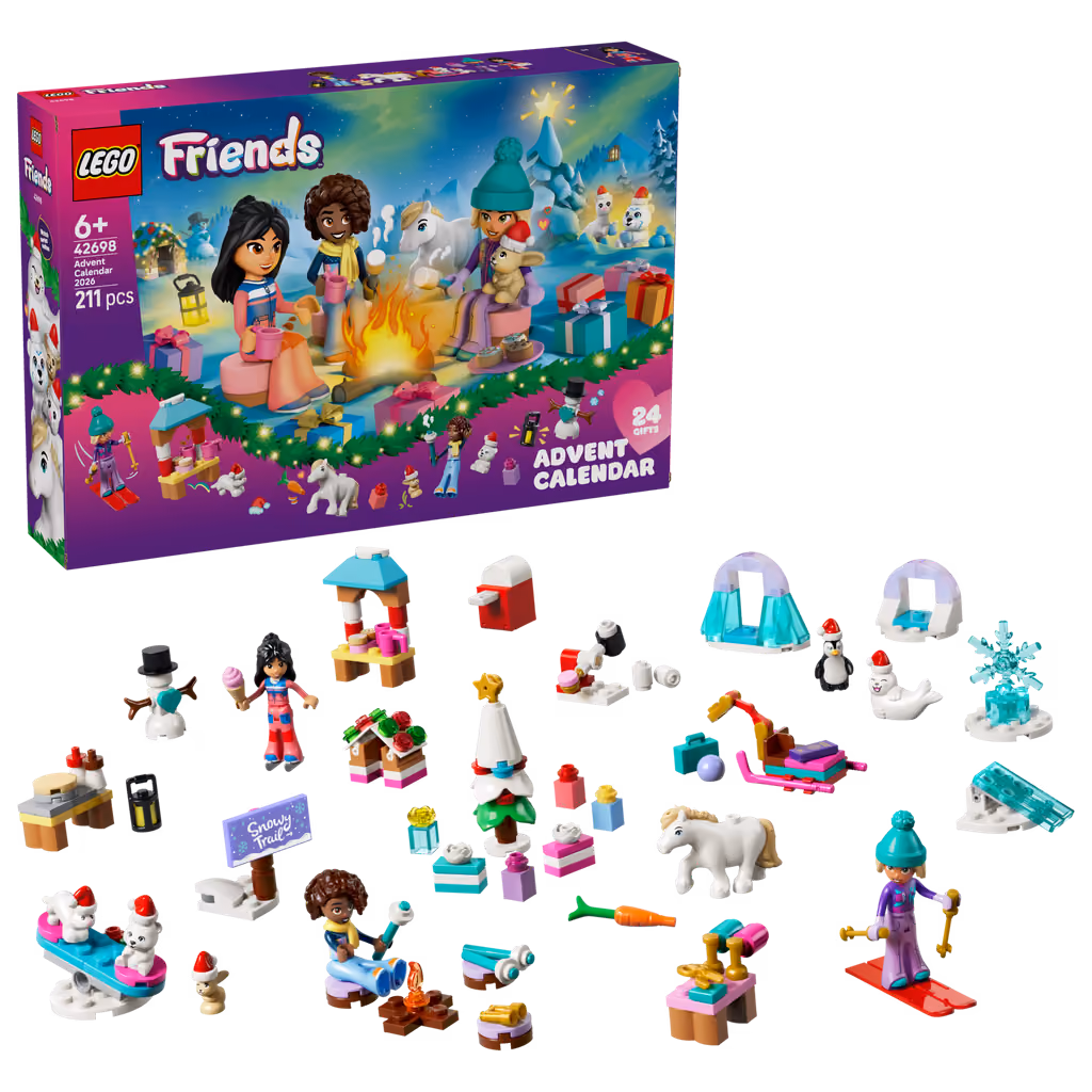 All 24 builds from the LEGO Friends 2026 calendar lined up beside the box