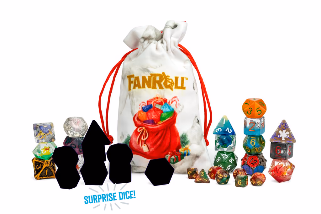 The dice bag and every die from the 2026 calendar laid out on white