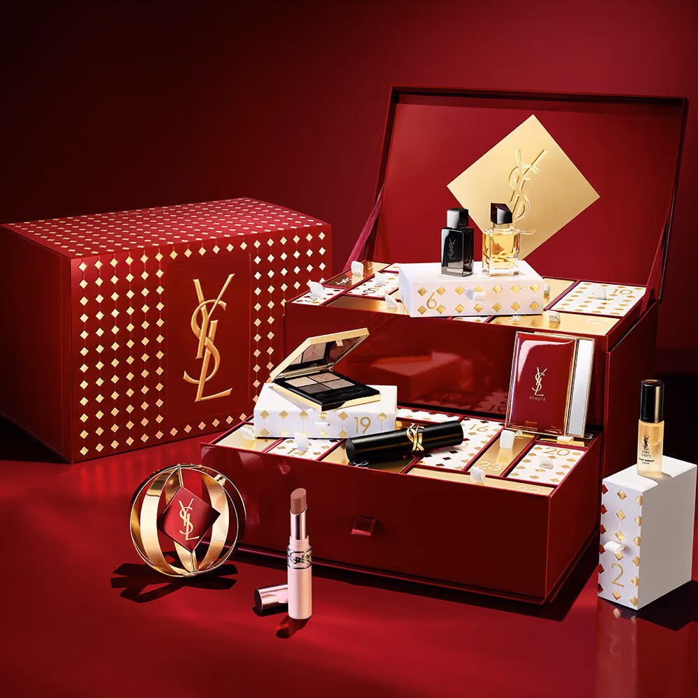 The YSL Holiday advent calendar open with its 24 pieces