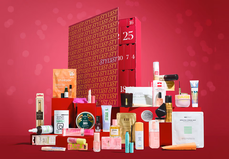 Latest in Beauty x Stylist 2026 with its 34 products stacked round the box