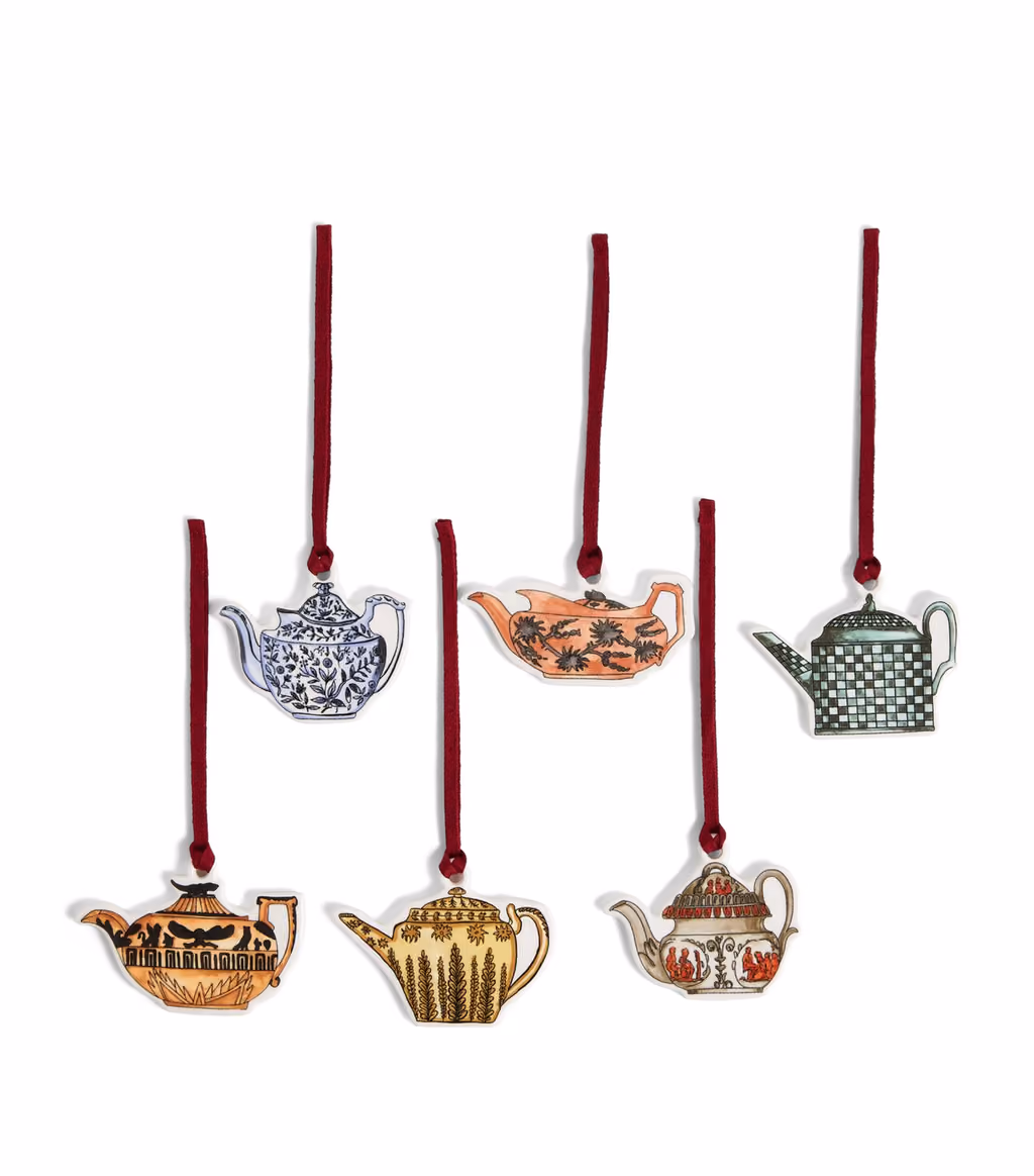 Six bone china teapot ornaments on burgundy ribbons