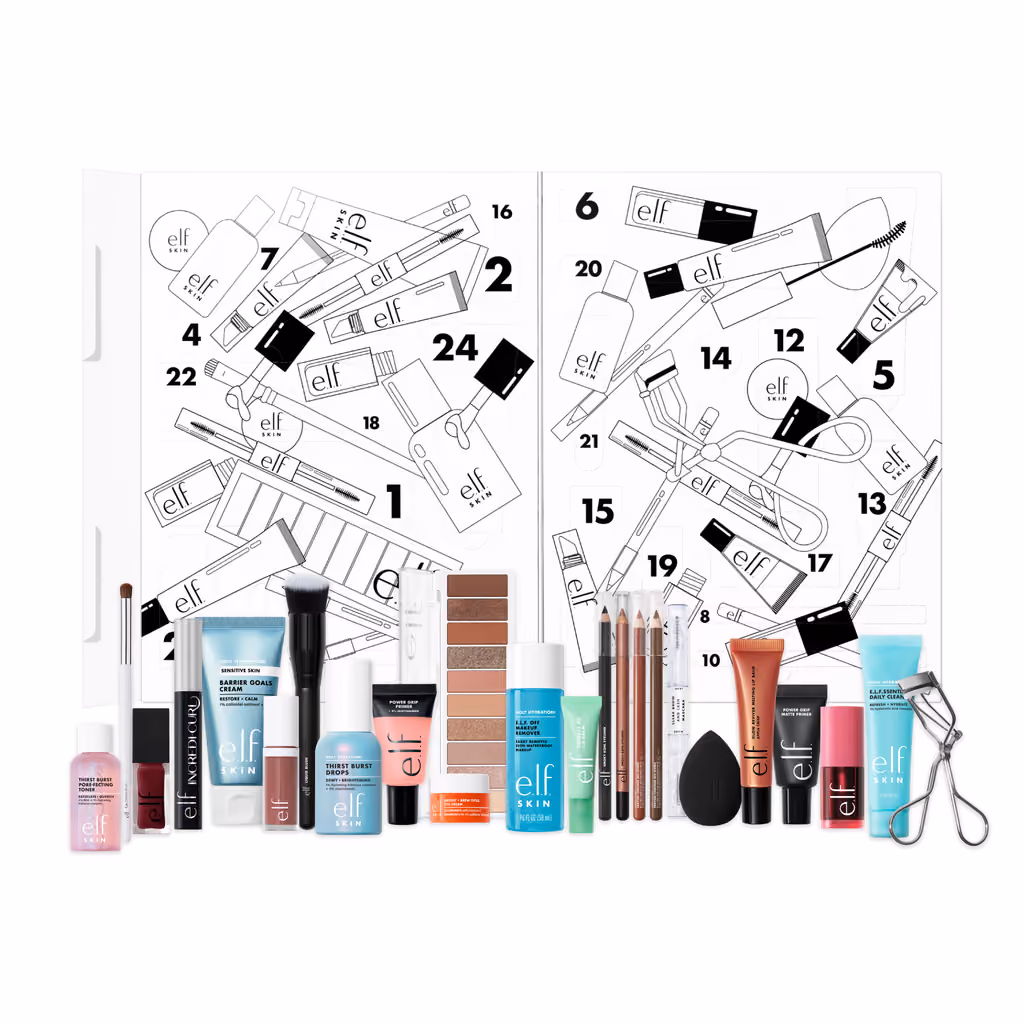 The colour-in calendar open with all 24 e.l.f. products lined up in front
