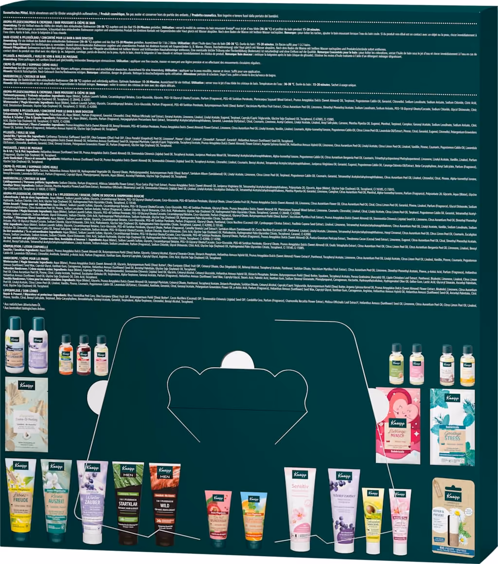 The back of the Kneipp box with the 24 products printed door by door