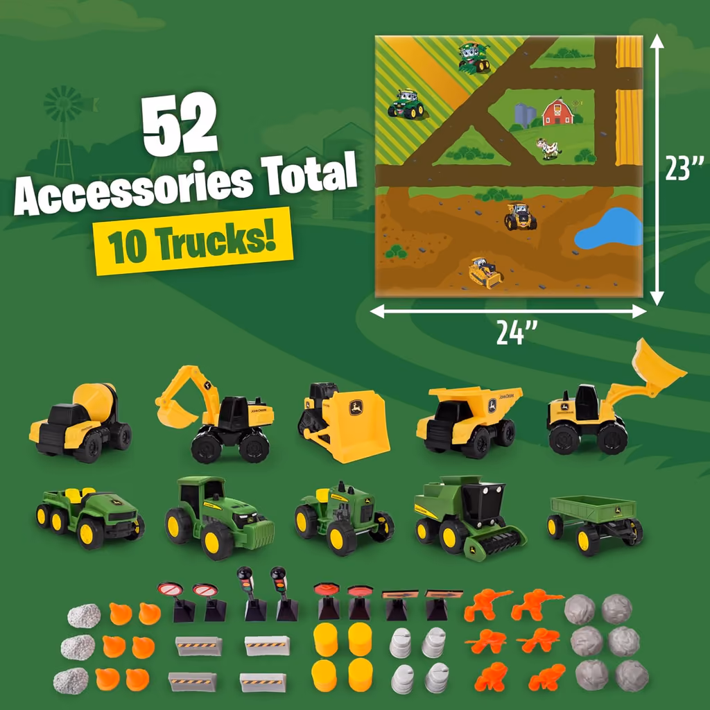 The ten vehicles and the accessories laid out on green, with the mat's size marked
