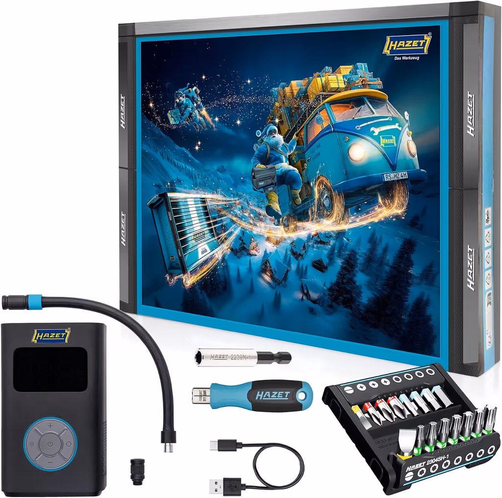 The compressor, bit handle, adapter, cable and the filled SmartHolder in front of the box