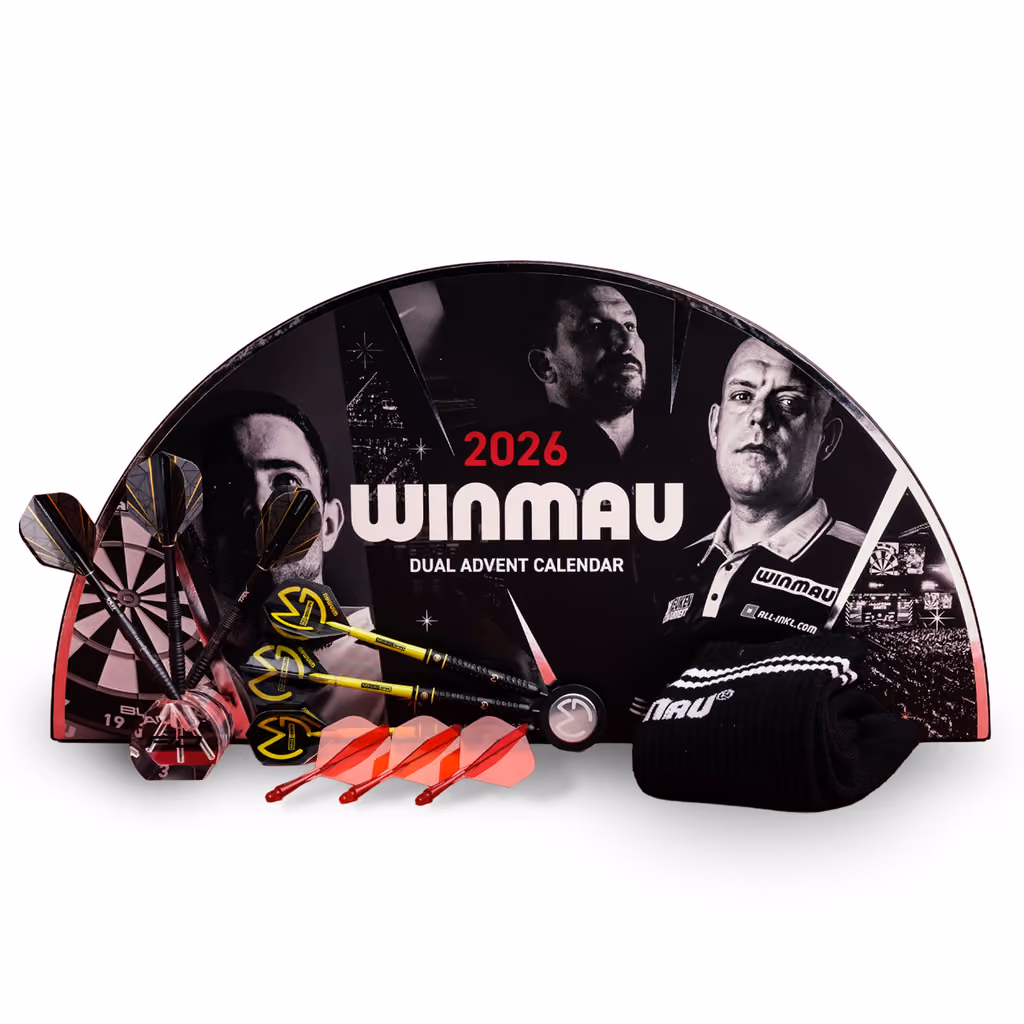 The Dual calendar box open with darts and flights from both brands in front of it