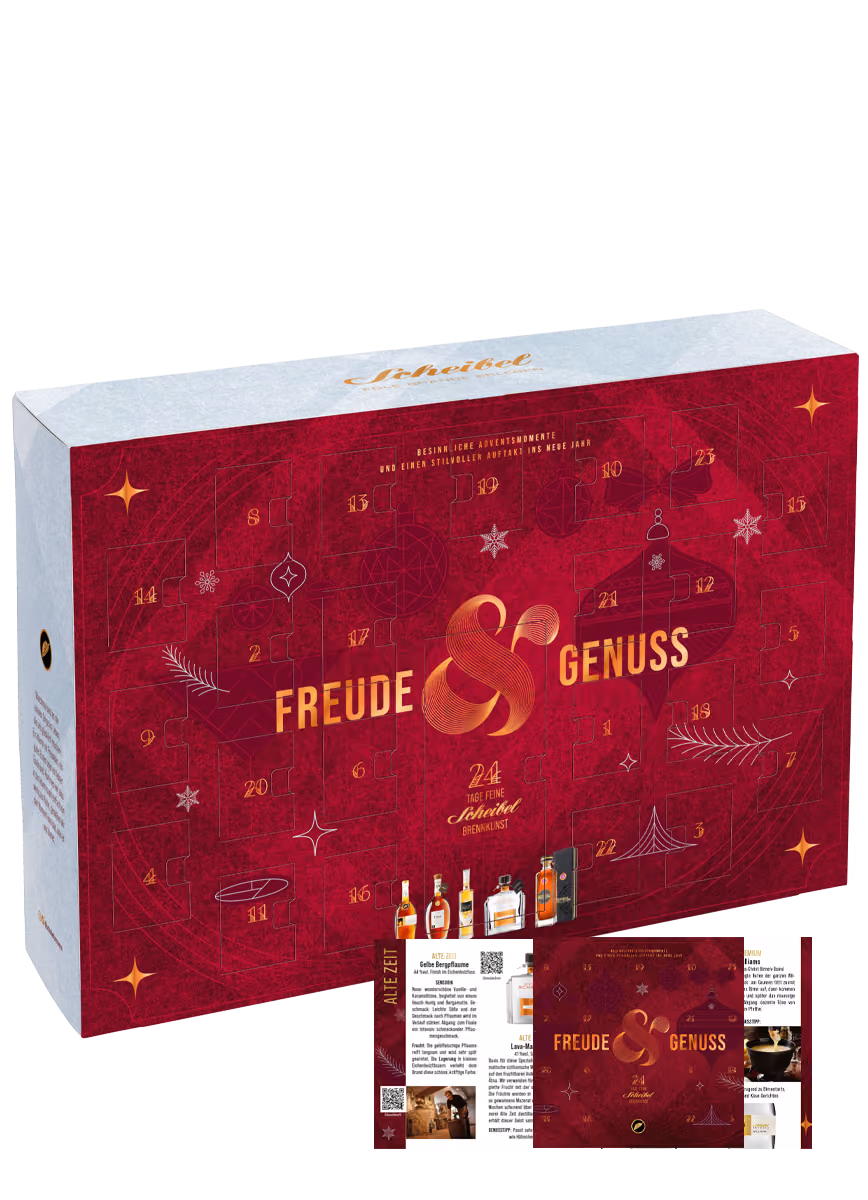 The red Freude & Genuss box with the product flyer open in front of it