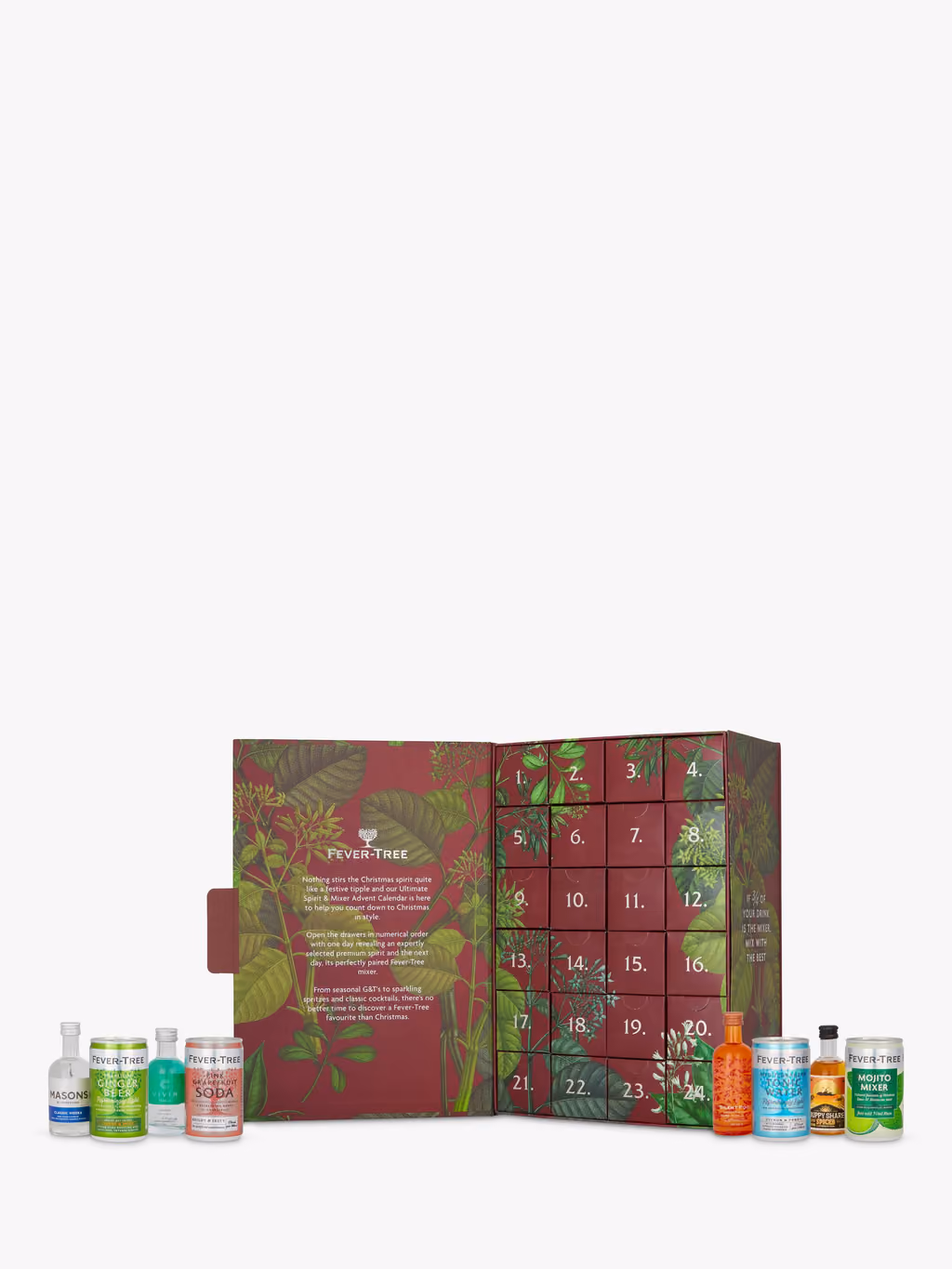 The calendar opened with spirit miniatures and mixer cans in front