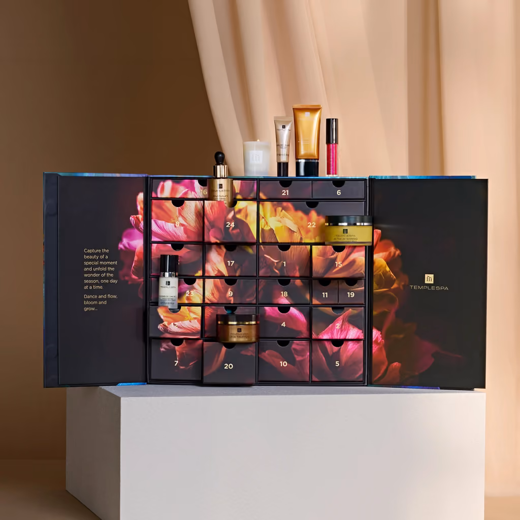 The Temple Spa 2026 cabinet open, its numbered drawers showing, a few products on top