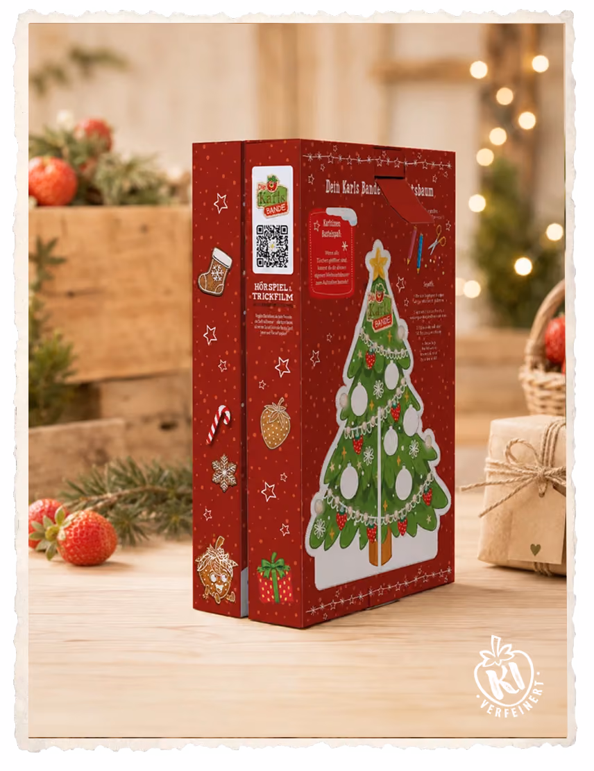 Back of the Karlsbande Adventszauber calendar with the Christmas tree to cut out and decorate