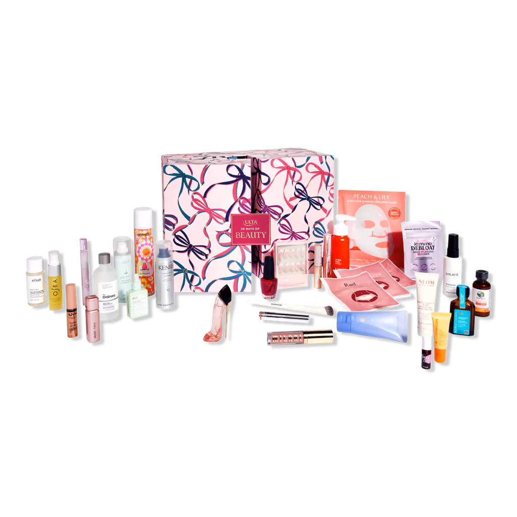 the closed ribbon-print box with all the products set out on either side