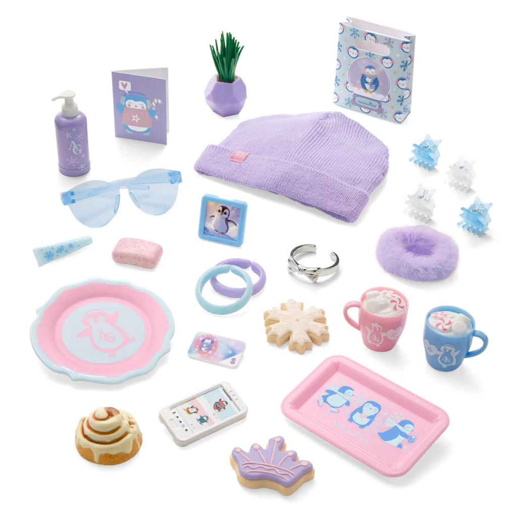 The accessories on their own: lilac hat, penguin mugs, cookies, tray, plate and bracelets