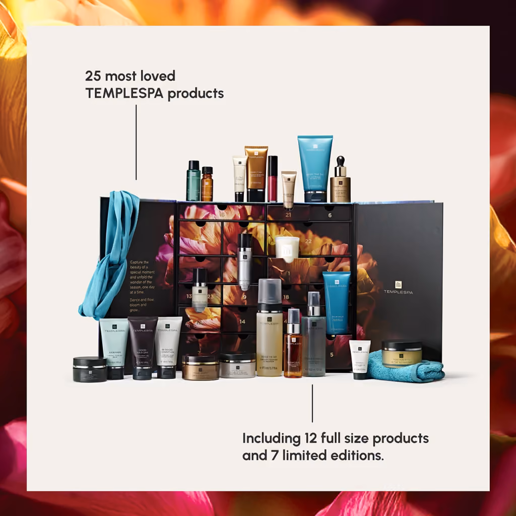 Temple Spa's board of the 25 products in the calendar, 12 full size and 7 limited editions