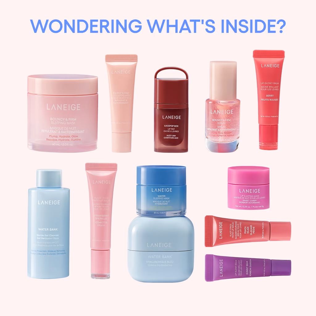 All twelve Laneige skincare and lip products laid out together