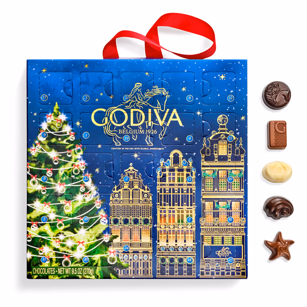 Godiva Holiday Chocolate 2026 with the tray of 24 chocolates open
