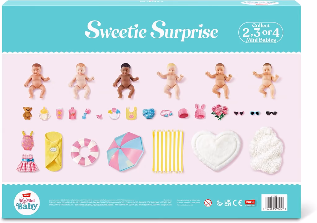 The back of the box with the babies and accessories printed in a row