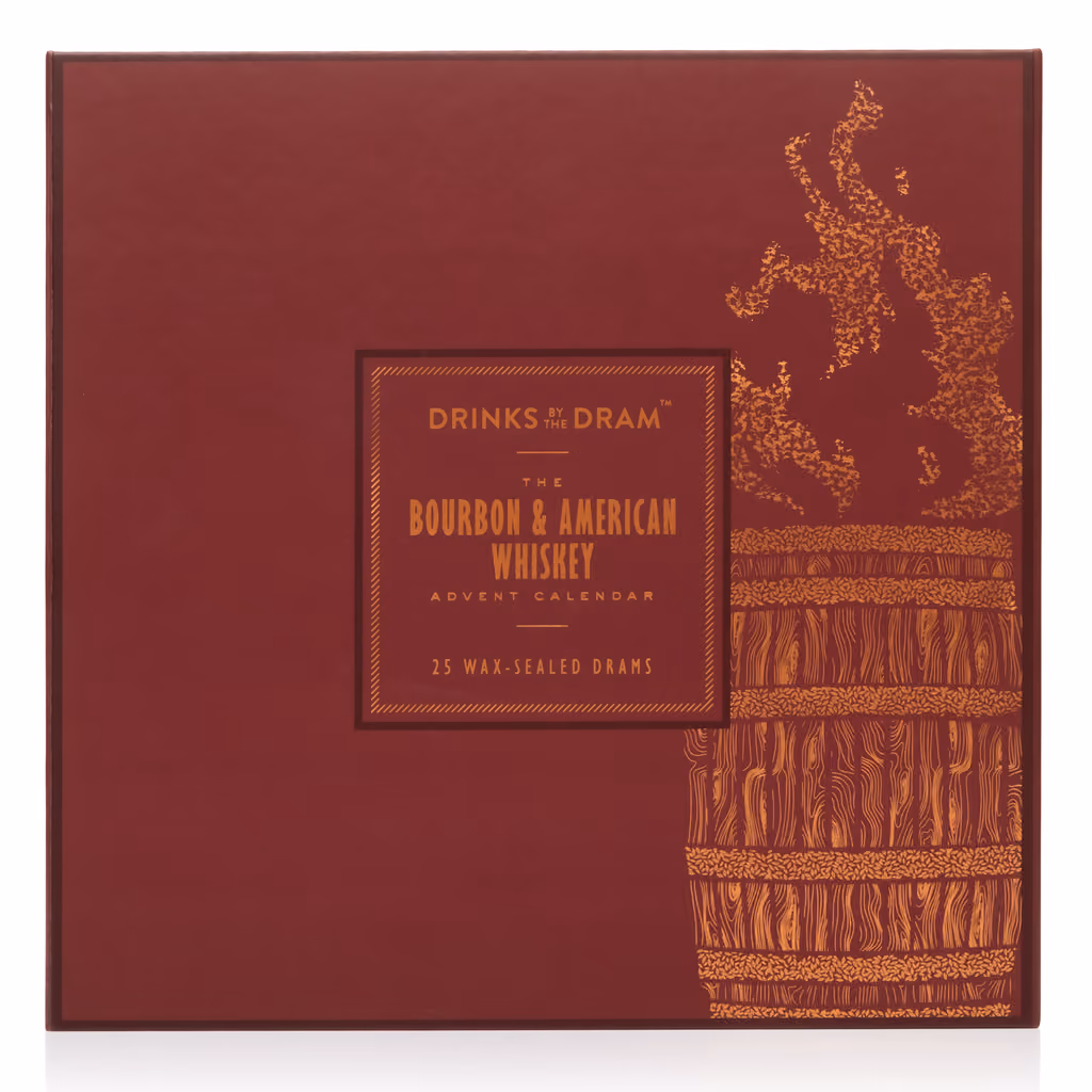 The burgundy Drinks by the Dram box printed with a gold barrel, closed