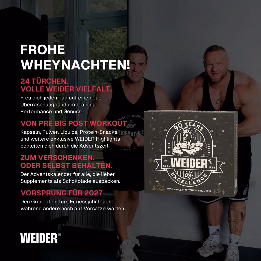 The Weider box held up in a gym beside German copy about its 24 doors