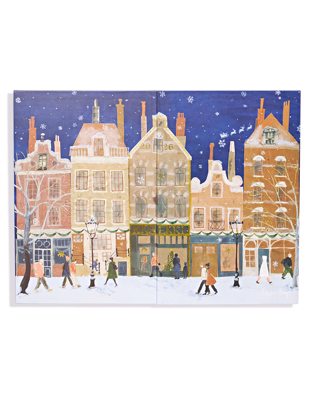 The KKNEKKI 2026 advent calendar from the front, Signe Torp's snowy Amsterdam street