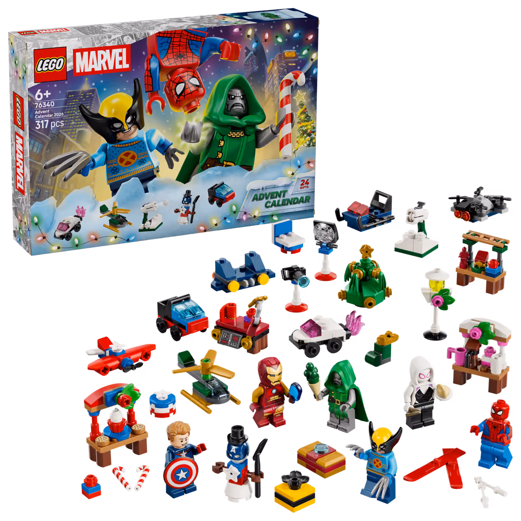 All 24 builds from the LEGO Marvel 2026 calendar lined up beside the box
