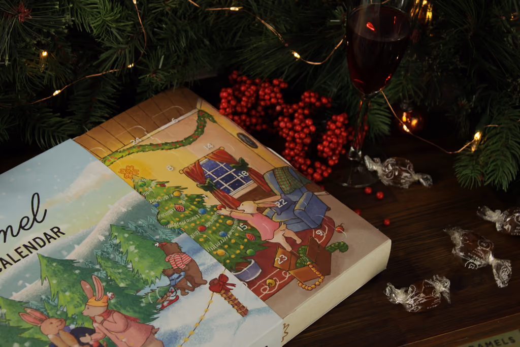 The calendar open on its illustrated bunny living room with the numbered doors
