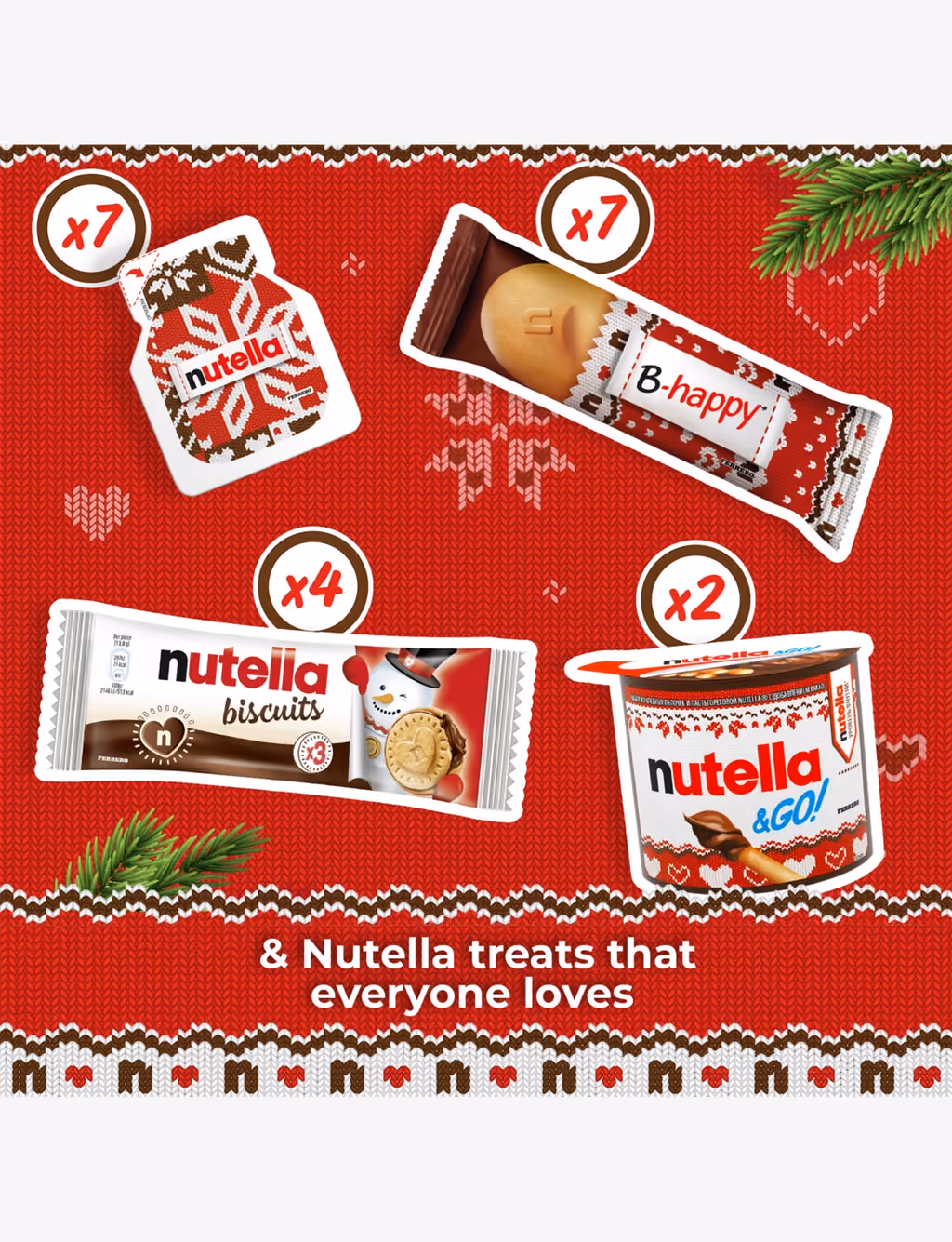 The snacks counted out: seven portions, seven B-happy bars, four biscuit packs, two Nutella & Go